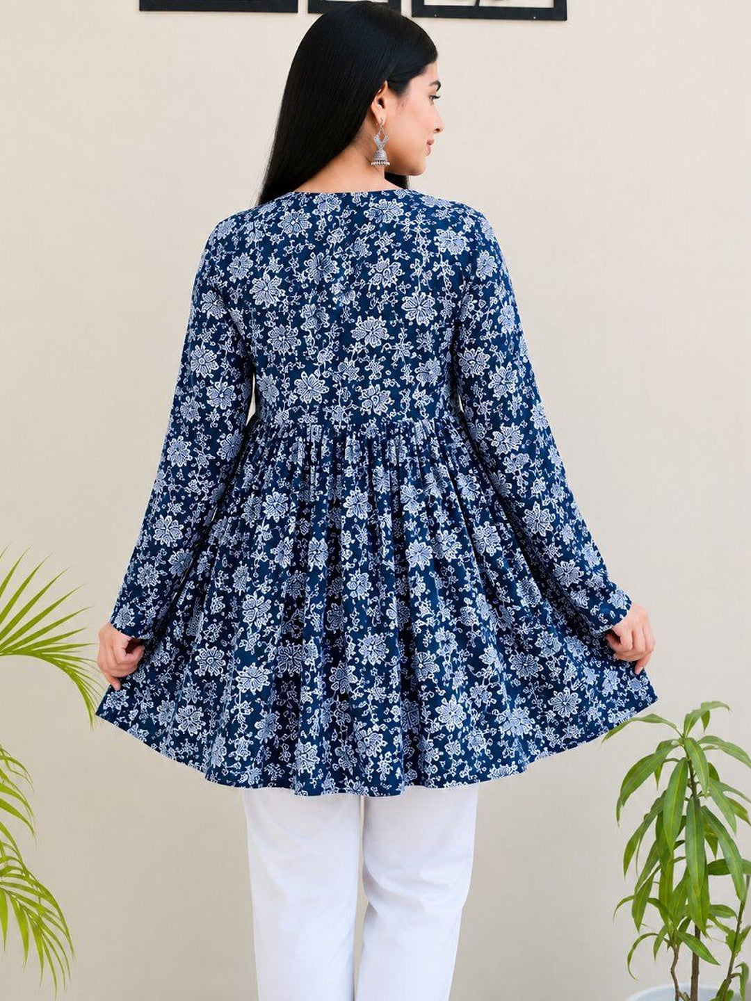 Floral Printed V-Neck Anarkali Kurti