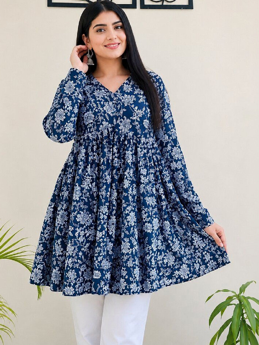 Floral Printed V-Neck Anarkali Kurti
