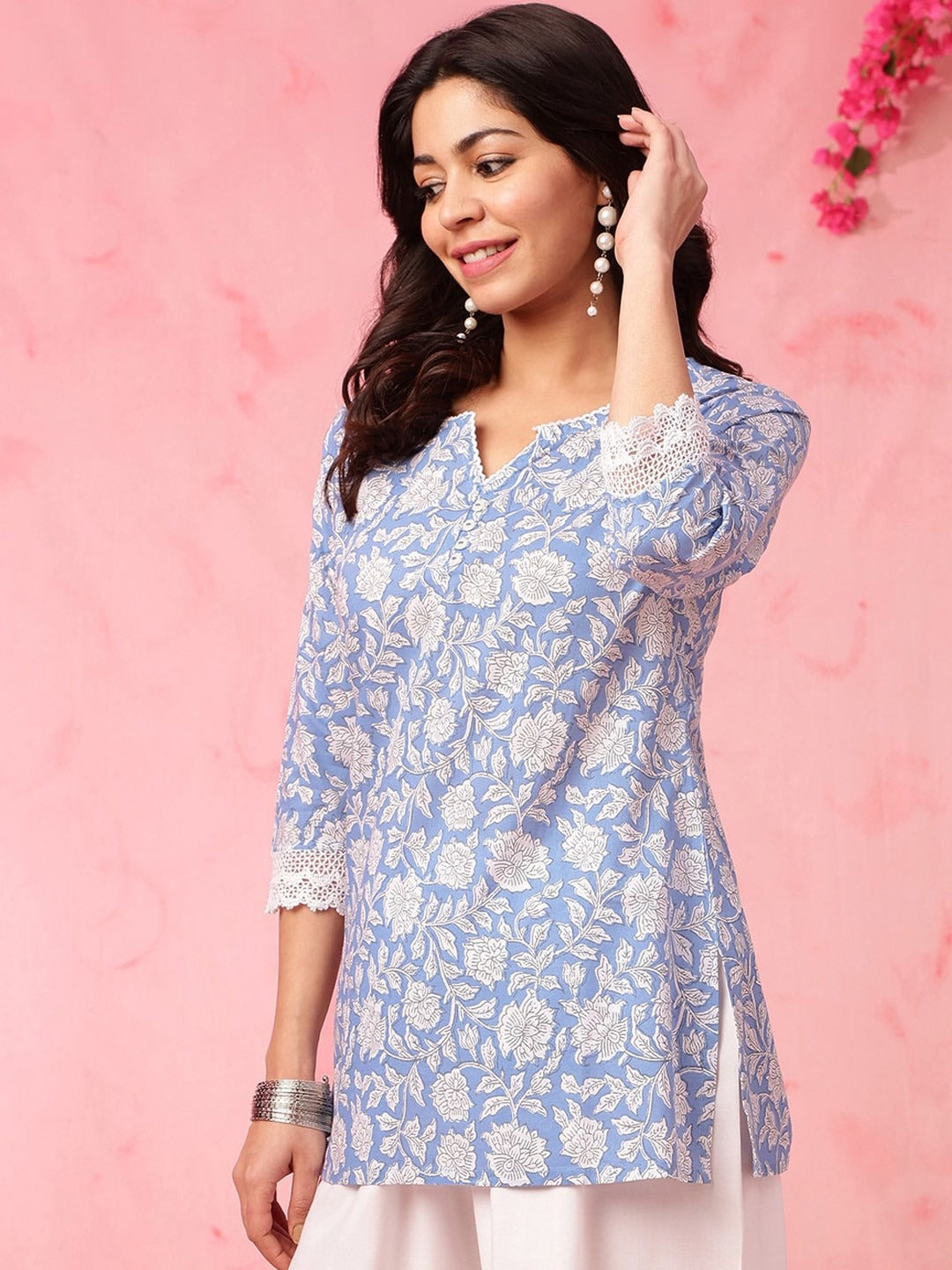 Blue Floral Printed Straight Pure Cotton Short Kurti