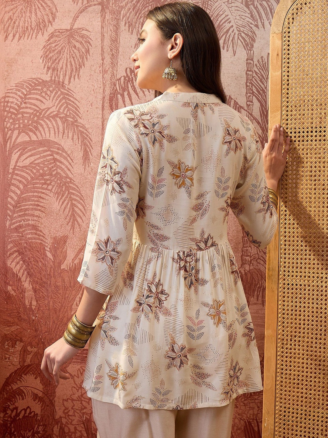 Floral Printed Mandarin Collar A-Line Kurtis