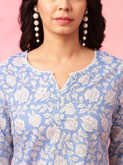 Blue Floral Printed Straight Pure Cotton Short Kurti