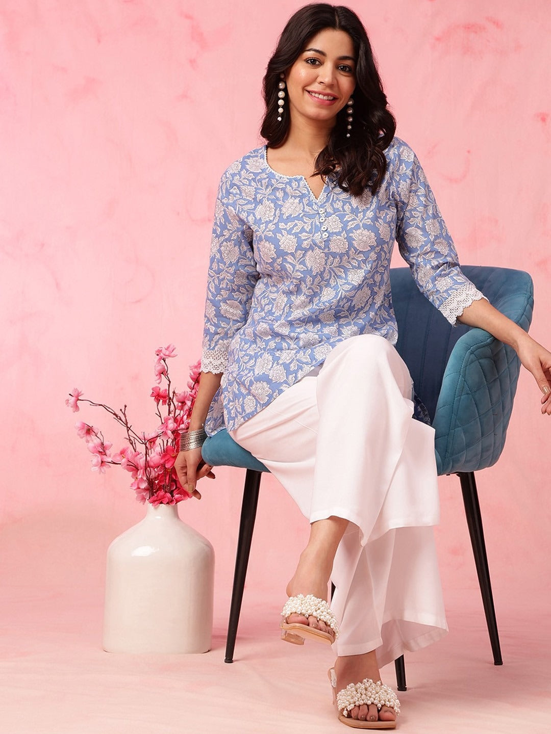 Blue Floral Printed Straight Pure Cotton Short Kurti
