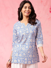 Blue Floral Printed Straight Pure Cotton Short Kurti