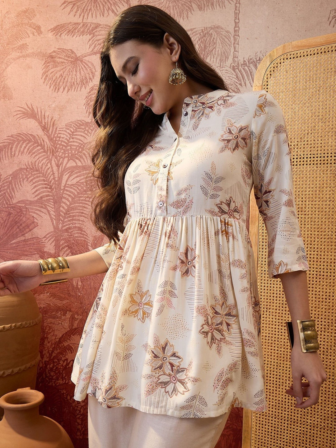 Floral Printed Mandarin Collar A-Line Kurtis