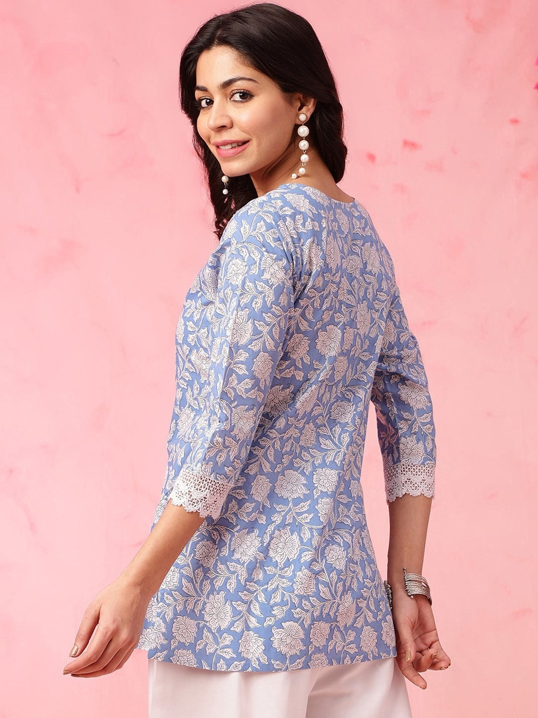 Blue Floral Printed Straight Pure Cotton Short Kurti